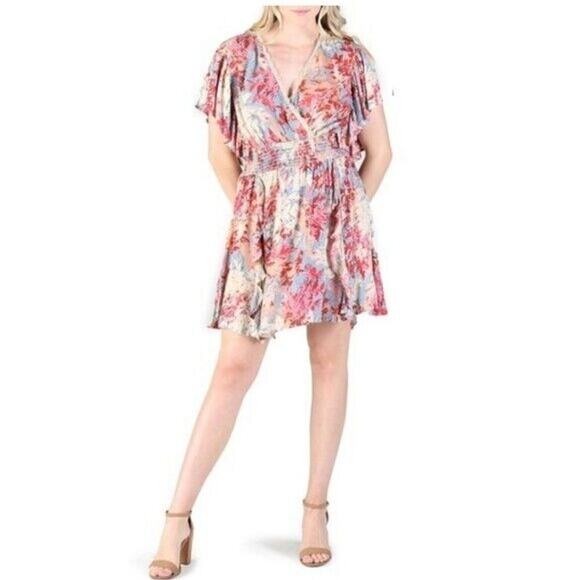 Angie Floral Smocked Waist Flutter Sleeves Boho V-Neck Dress Size Small NEW - Picture 1 of 10